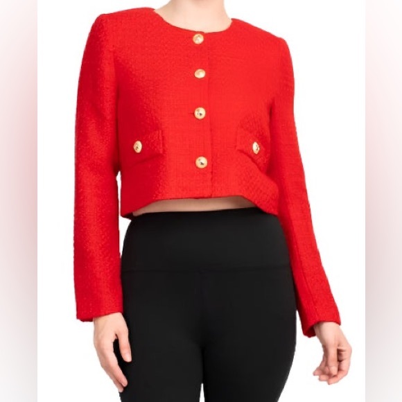 Cropped Red Blazer Boucle Crop Short Jacket Chic Ruby Rose Tweed Suit Notch Crew - Picture 17 of 17